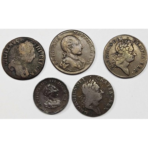 77 - Ireland - George I Half Pennies 1723 x 2; George III 1806 Farthing; William III Half Penny; and a So... 