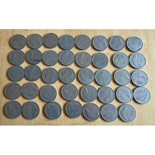 127 - c.39 10p Irish Decimal Ten Pence Coins with a salmon at the front, post 1993