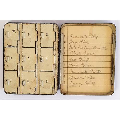 209 - A Hardy Tin Fly Box with nine compartments, with flies and list of flies, c.4in wide, 3.25in deep an... 