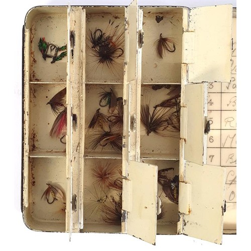 209 - A Hardy Tin Fly Box with nine compartments, with flies and list of flies, c.4in wide, 3.25in deep an... 