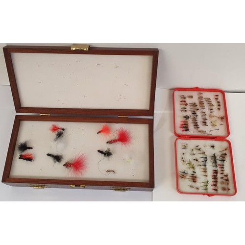 215 - Large Wooden Fishing Fly Double Section Box and another box of flies (2)