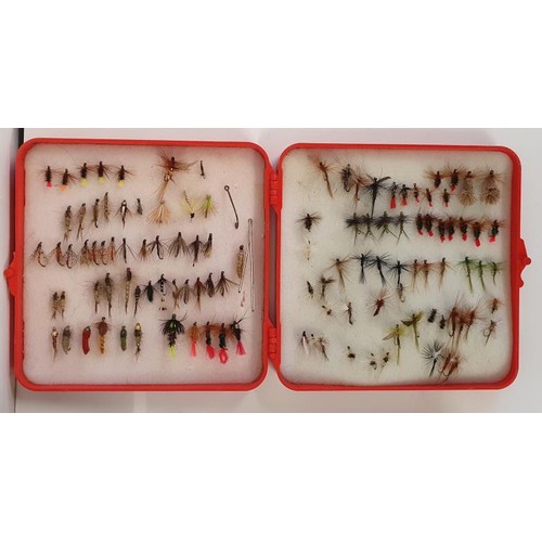 215 - Large Wooden Fishing Fly Double Section Box and another box of flies (2)