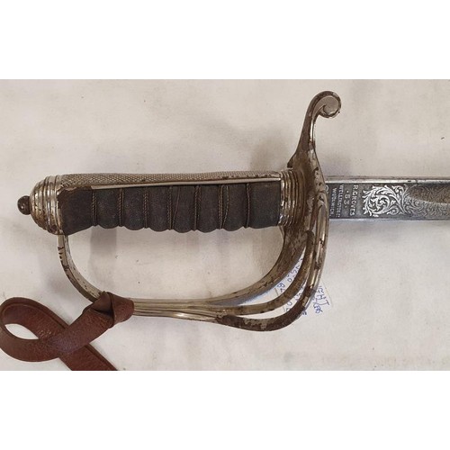 264 - 1821 Light Cavalry Officer Sword. Good etching on blade in a leather Scabbard