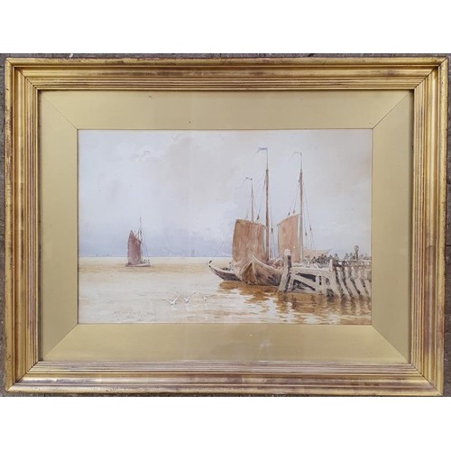 Bingham McGuinness (1849-1928) R.H.A. 1897. Watercolour. Label on verso reads "Old Boat Pier, EnKhuizen, Holland". Three further labels with the name of B McGuinness R.H.A, one with address "Ferndale, Grosvenor Road, Rathgar" and a shipping label "Liverpool 1895 Dicksee & Co." All contained within a moulded gilt frame c.30in x 22.5in, image size c.20in x 13.5in