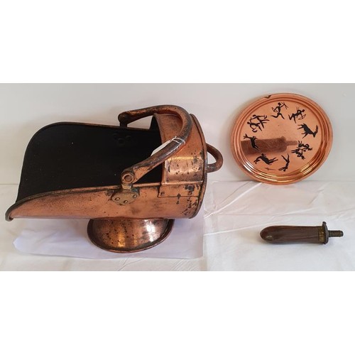 326 - Early 20th Century Copper Coal Scuttle, a copper wall charger and a copper powder flask