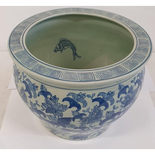 333 - Chinese Blue and White Jardiniere with floral patterns all around, geometric pattern on top and with... 