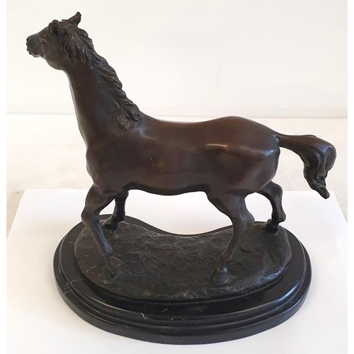 340 - Milo, A Bronze Horse on a 'noir Belge' kidney shape marble base, marked 'Bronze Garanti - Paris - J.... 