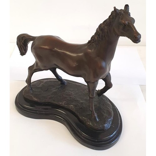 340 - Milo, A Bronze Horse on a 'noir Belge' kidney shape marble base, marked 'Bronze Garanti - Paris - J.... 