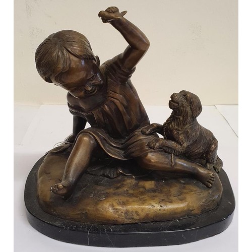 341 - Bronze Sculpture of a Small Child Playing with a Dog on a marble base, signed 