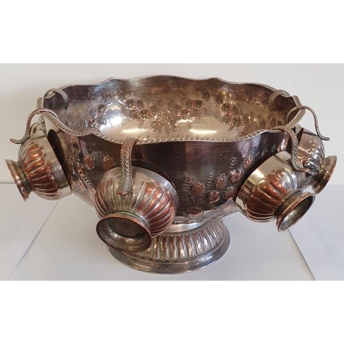 342 - Silver Plated on Copper Punch Bowl with 6 Drinking Cups