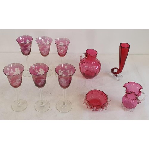 352 - 6 Cranberry Wine Glasses and other coloured glasses