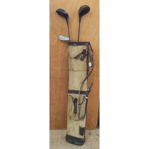 373 - Old Canvas Golf Bag with 3 Clubs