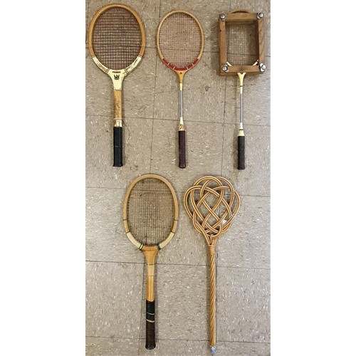 378 - Collection of Vintage Tennis and Badminton Racquets and a carpet beater (5)