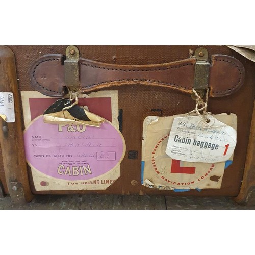 382 - Original Vintage Canvas and Bentwood Bound Cabin Truck with numerous shipping labels.