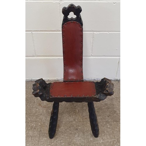 383 - Carved Pine Cock Fighting Chair with red leather upholstered panels