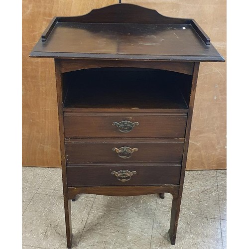 391 - Edwardian Mahogany Music Cabinet, the three quarter gallery over an open shelf above three fall fron... 