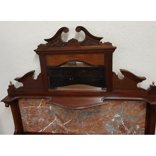 392 - Edwardian Mahogany And Marble Washstand, the carved op with bevelled mirror pane above a purple vein... 