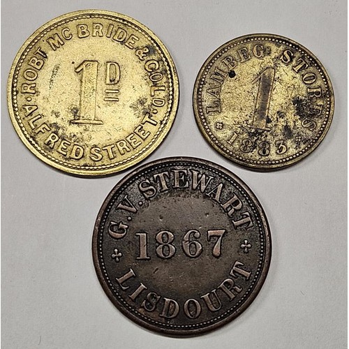 64 - Robert McBride & Co Ltd, Alfred Street 1 D token; and Lambeg Stores 1883 1D Token; Lisdourt, Cou... 