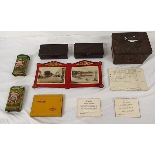 350 - Huntley & Palmer Biscuit Tin, various tobacco tins, two framed Dundalk Postcards, two Birr Y.M.C... 