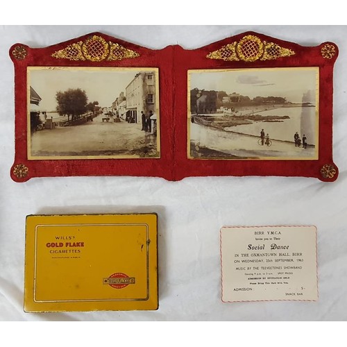 350 - Huntley & Palmer Biscuit Tin, various tobacco tins, two framed Dundalk Postcards, two Birr Y.M.C... 