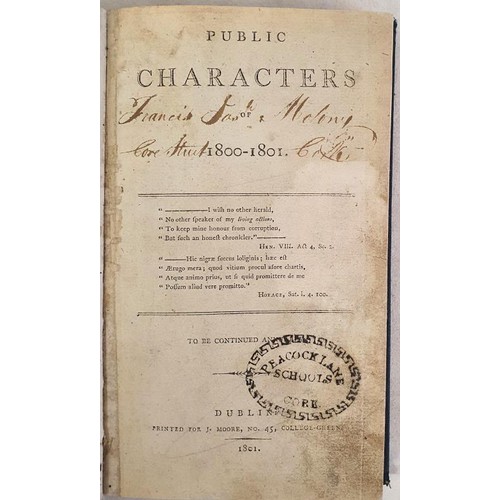 89 - Public Characters, Vol 111, 1800-1801, Dublin 1801; Shop tag of J. Mahoney Bookbinder 36 Cook St Cor... 