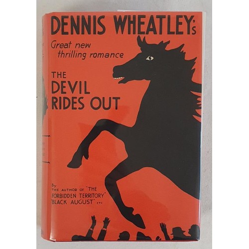 Dennis Wheatley - THE DEVIL RIDES OUT, inscribed by the author, published by Hutchinson & Co Ltd, 1934. First UK Edition, First Printing. 328pp. With 46 pages of advertisements at the rear, beginning with Wheatley’s The Forbidden Territory and ending with The Dog Encyclopedia. With no date on the title page or copyright page as called for therefore indicating a true first printing, original bright red boards with lettering in black to front panel and spine. The map style end-papers present. Professional repair to the title page which suffered from a scrape, rubbing, not ex-library. Signed by Dennis Wheatley to the title page [ With every good wish from Dennis Wheatley] Uncommon especially as a first and especially so when signed. FASCIMILE jacket supplied.
