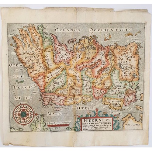 422 - William Hole. c.1610 Map of Ireland, 'Hiberniae Anglis Yverdon Britannis Erin'. Handcoloured and mea... 