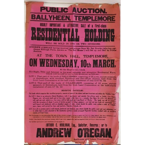 428 - Superb 1930/40 auction poster 51 x 78 cms. – black on red paper; Ballyheen and Killawardy, Tem... 