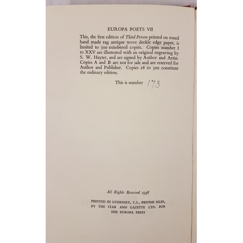 105 - Coffey, Brian. Third Person. London: George Reavey The Europa Press, 1938. First edition. 8vo. Red l... 