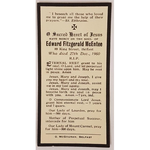 360 - An Original Memorila Card for Edward Fitzgerald McEntee, died 27th December 1960. Edward was a relat... 