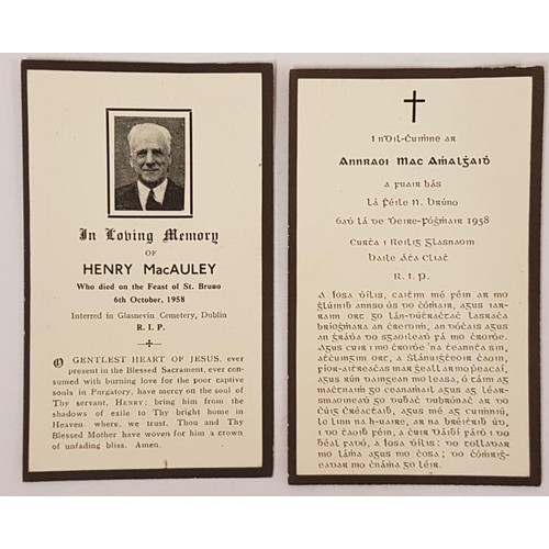 361 - 2 Original Memorial cards for Henry MacAuley, 1 in English, 1 in Irish