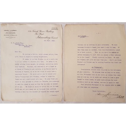 369 - [Letter from Johannesburg] Lindsay, Henry, Solicitor, Johannesburg. Interesting TLS to H.H. Jones of... 