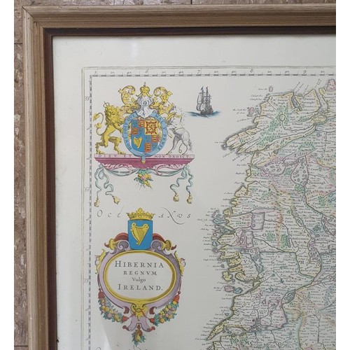 329 - Blaeu Map of Ireland, Hibernia Regnum, vulgo Ireland, 1635 (1662), modern coloured facsc 50cm x 45; ... 