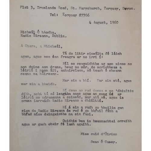 532 - Sean Ó Casey: A carbon copy of a letter sent my Sean Ó Casey to Micheál Ó... 