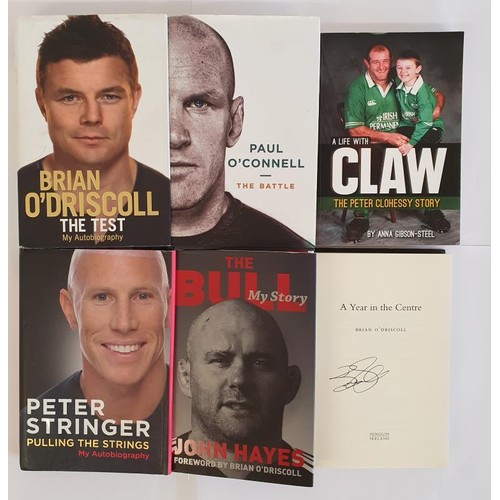 114 - A Year in the Centre by Brian o Driscoll (and Signed by him) and other rugby interest books (6)