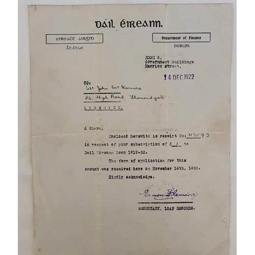 439 - Dail Eireann Loan. Department of Finance. Receipt dated 14 December 1922 signed by Eamon Fleming, Se... 