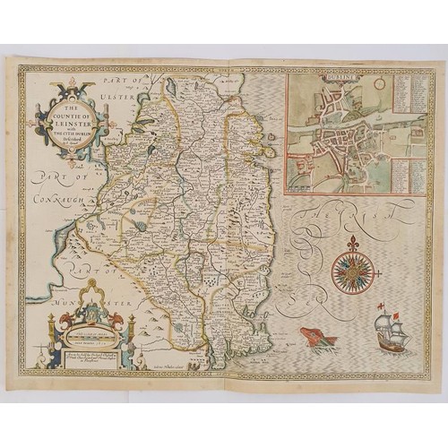 Rare John Speed Map of The Countie of Leinster with the City of Dublin dated 1610 n very fine contemporary colouring. Unframed & in outstanding condition
