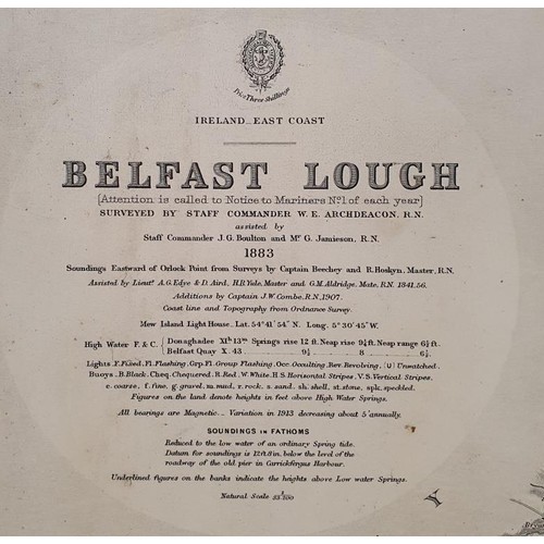 514 - Belfast Lough Map: Linen backed map published 1885, engraved by Davies and Company still attached to... 