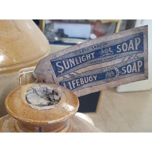 69 - One Gallon Stoneware Flagon with Sunlight Soap Label and two other plain examples (3)