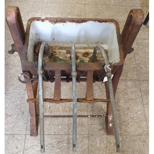 71 - Vintage Three Unit Bottle Filler with enamel basin and cast iron frame, c.17in wide