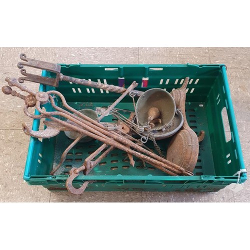 135 - Good Box of Traditional Metal Wares - fire tongs, scales etc.