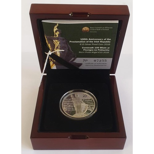 187 - Ireland: 100th Anniversary of the Proclamation of the Irish Republic &euro;15 Silver Proof Coin 2016... 