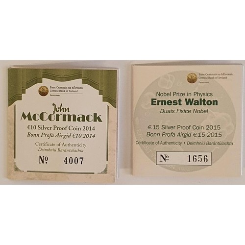 192 - Ireland: 2014 &euro;10 Silver Proof Coin - John McCormack, Limited Edition no. 4007 of 8000; 2015 &e... 