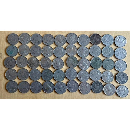 198 - c.50 5p Decimal Irish Coins, c.1971-2000 with a bull at the front