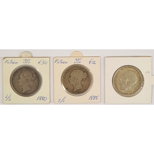 199 - GB - 1880 Silver Half Crown, Victoria Young Head; an 1885 example and a 1915 George V Half Crown (3)