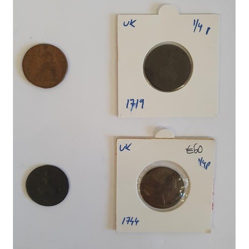 204 - GB - 1672 Charles II Farthing; 1719 George I Farthing; 1721 George I Farthing; 1744 George II Farthi... 