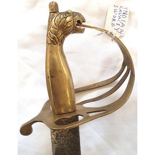 293 - Indian Cavalry Officer's Sword with engraved and curved blade and lion's mask grip