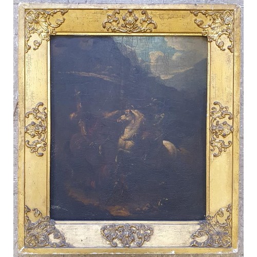 440 - 19th Century Oil on Panel Painting of Two Soldiers Fighting on A Hill Path in a fine quality gilded ... 