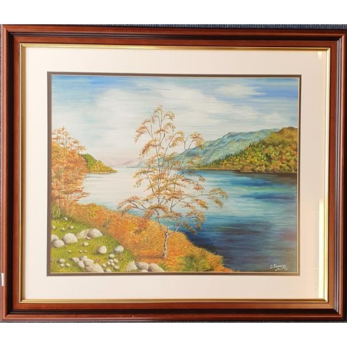 444 - C Savage. Watercolour, Loch Ness from Urquhart Castle, overall c.68cm x 58cm