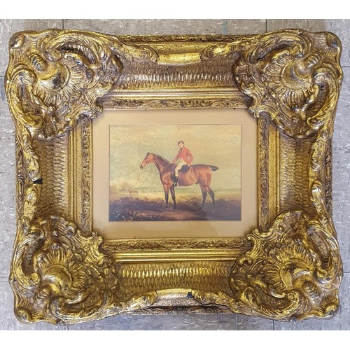 447 - Picture of a Huntsman on Horseback within a highly decorative and deep cushion frame